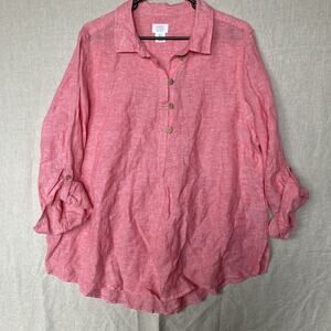 Sigrid Olsen Womens XL 100% Linen Roll-Tab Sleeve Popover Shirt Pink Henley Top
